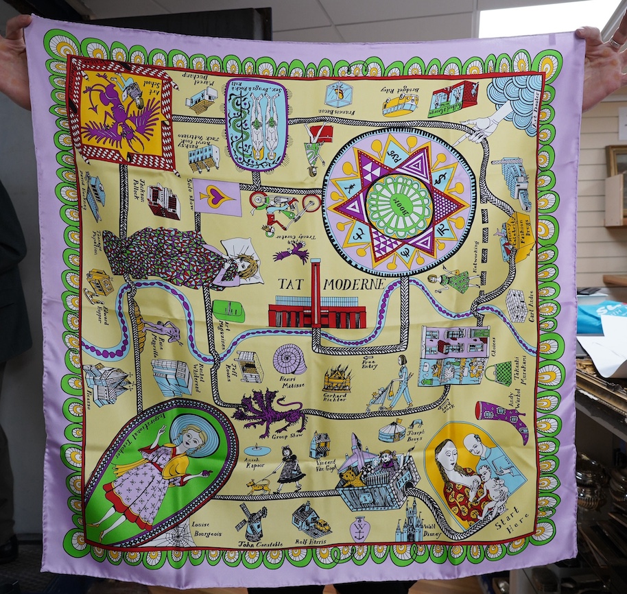 Grayson Perry, silk scarf, in black Tate box with original Tate shop receipt, dated 05/06/2020. 90cm x 90cm. Condition - the black tissue paper seal has been broken, the silk scarf is in good condition, both box and rece